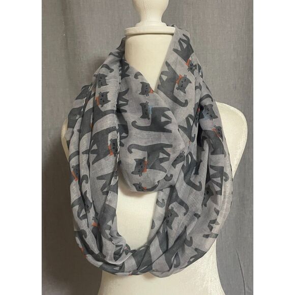 Alina Gray Cat Print Infinity Scarf Lightweight Sheer Polyester Loop - Picture 2 of 7